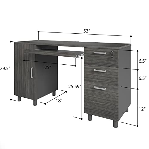Modern Design Venice Computer Desk with Lockable Drawers, 53 Inch Home Office Desk with Storage Cabinet, Keyboard Tray & Cable Management, Modern Study Writing Desk for Small Spaces, Black and Grey - color: Black Grey