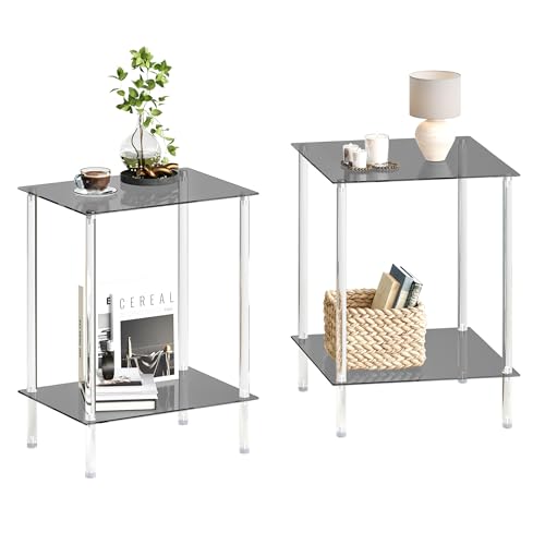 Tempered Glass Side Tables Set of 2 Acrylic End Table with 2 Storage Shelve transparent Bedside simplicity clear 2-Tier Nightstands for small Spaces Office Bedroom Living Room Study black ET-008BK - color: Black, size: 2 tier Normal