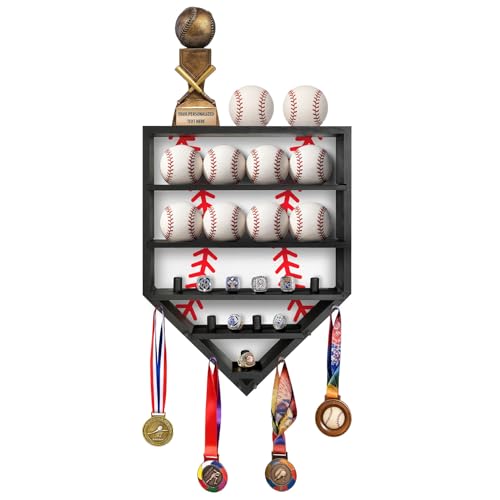 Baseball Ring Display Case - Solid Wood Wall Mounted Baseball Holder for Balls, Championship Rings, Medals & Trophies - Perfect Baseball Fan Gift (Black)