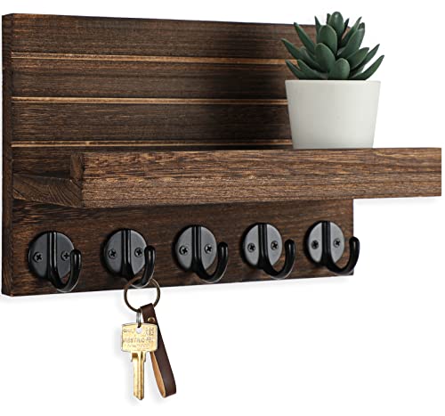 Lwenki Key Holder for Wall, Decorative Key and Mail Holder with Shelf Has Large Key Hooks for Bags, Coats – Paulownia Wood Key Hanger with Mounting Hardware (9.8”W x 6.7”H x 4.2”D) (Brown) - color: Brown