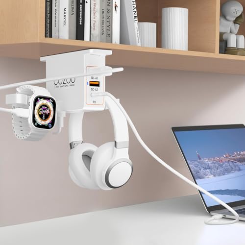 cozoo Headphone Stand with USB Charger (PD & QC3.0) Under Desk Headset Holder Mount 3 USB Charging Station,iWatch Stand Watch Dock Dual Earphone Hanger Hook,PC Accessories Gifts,UL Tested (White) - color: White (PD & QC3.0)