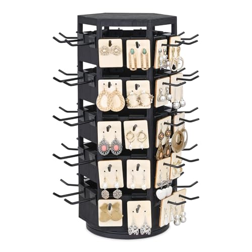 Ikee Design Free Assembly Natural Wood Hexagon 6 Sided Rotating Jewelry Display Stand Tower,60 Removable Metal Hooks,Keychain Earring Display Stand Tower for Selling,Showcase,Black Color - color: 6 side, Black, 60 hooks