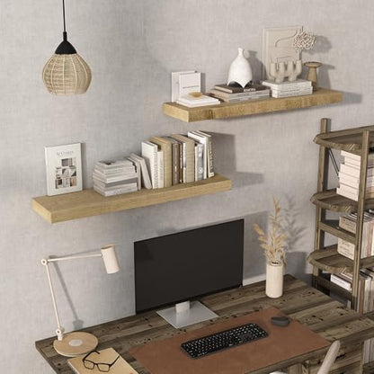 Acovy 36" Unfinished Solid Reclaimed Wood Floating Shelves, Rustic Heavy-Duty Wall Shelves, 8" Deep Floating Shelf for Living Room, Bathroom, Bedroom and Kitchen, Set of 2, Natural - color: Natural, size: 36inches-2p