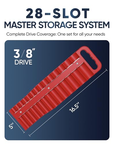 Reniteco Magnetic Socket Holder Set, Red Portable Heavy Duty Socket Rail For 3/8-inch Drive, Hold 28 Sockets - Fit Shallow & Deep Sockets, Sockets Not Included - color: 3/8"-red