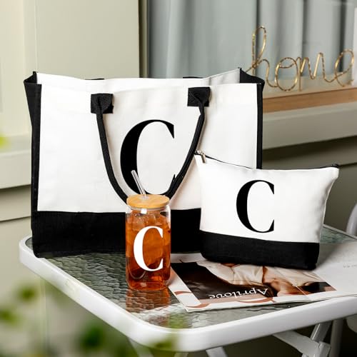 Aliceset Initial Gifts for Women Monogram Canvas Tote Bag and Makeup with Zipper and Initial Glass Coffee Cup Gifts for Her - style: Letter C