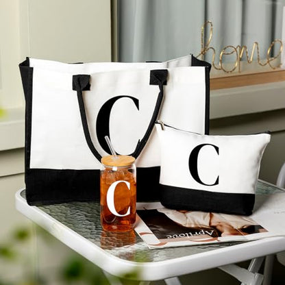 Aliceset Initial Gifts for Women Monogram Canvas Tote Bag and Makeup with Zipper and Initial Glass Coffee Cup Gifts for Her - style: Letter C