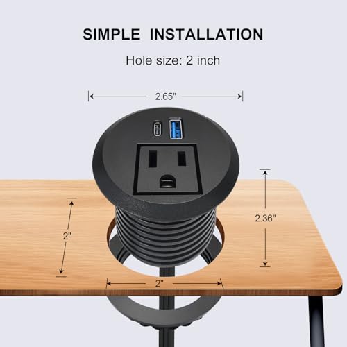 2 inch Desktop Power Grommet with 20W USB-C, Fast Charge Recessed Desk Outlet for Conference Countertop Cabinet Nightstand Furniture, 6.5FT Extension Cord, 45°Flat Plug, ETL Listed - color: Black
