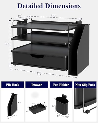 Kitsure Desk Organizer - 4-Tier Office Desk Accessories with Drawer ＆ Pen Holder, Tool-Free Assembly Organizer with Non-Slip Pads, for Office Supplies Storage, Plastic, 13.3" x 8.0" x 10.8", Black