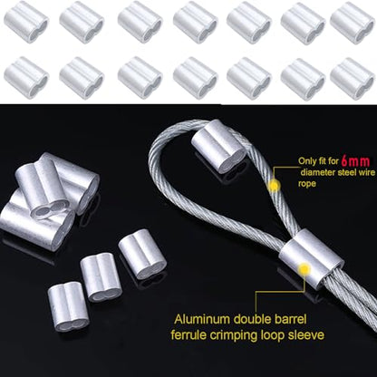 Pack of 50 Aluminum Crimping Loop Sleeve Cable Crimp for 1/4 inch Diameter Double Ferrule Wire Rope and Cable (6mm)