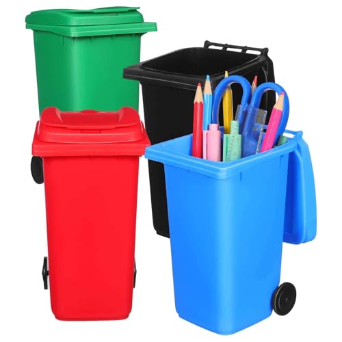 Mini Trash Can Pen Holder with Lid and Wheels for Desk 4Pcs Desk Trash Can Assorted Colors Plastic Desktop Organizer for Home Office Small Item Storage