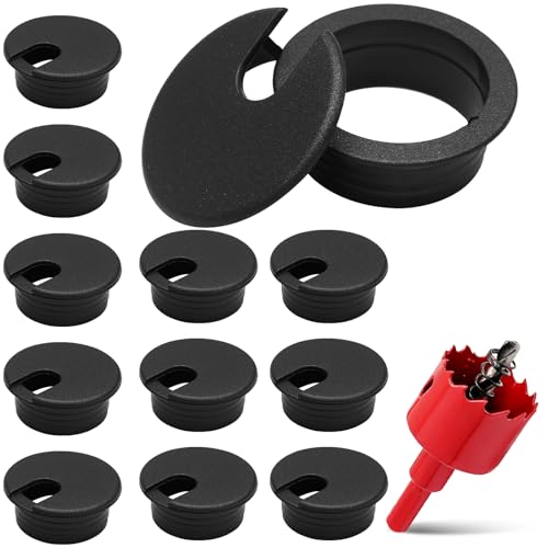 12 Pack 1-1/2 Inch Black Desk Grommet, Plastic Cable Hole Cover Computer Table Cord Wire Organizer, Desktop Cord Management for Home Office/TV Stands Tabletops (with Hole Saw) - color: Black, size: 2 Inch with Hole Saw