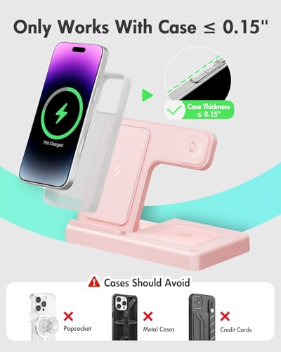 Wireless Charger Stand Charging Station: 3 in 1 Charger Stand Multiple Devices for Apple - iPhone 17 16e 16 15 14 Pro Max 13 12 - Watch 11 10 9 8 7 6 5 4 3 2 SE and Ultra Series-Airpods 4 3 Pro, Pink - color: Pink