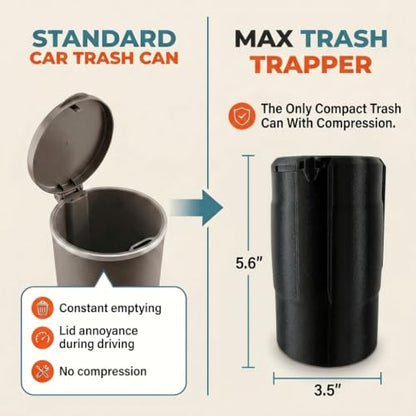 Trash Trapper Car Trash Can Cup Holder | Max Car Trash Can | Fits in Most Cupholders | 5.6" x 3.5" | Traps More & Empties Less, Patent-Pending Compaction, Holds Many Weeks Small Garbage, Black/Grey - color: Black/Grey, size: Max