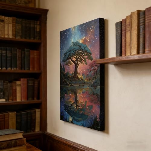 Canvas Wall Art Framed Tree of Life Galaxy Starry Night Lake Vibrant Colorful Whimsical Psychedelic Serene Calming Peaceful Wall Decor for Bedroom Dorm Zen Spiritual Inspirational Decor 12x16 Inches - color: big tree, size: 16"L x 12"W