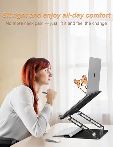 Aoviho Laptop Stand for Desk-Adjustable, Foldable, Portable, Ergonomic Aluminum Notebook Riser with Unique Puppy Shaped Vent, Desk Gift for 10"-17.3" Devices Mac, Dell, HP, Lenovo, Samsung, Black - color: Black