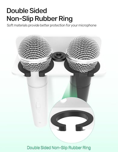 2-Slot White Multi Microphone Holder for Handheld Dynamic, Wired and Wireless Mics Storage Hanger, Double Microphone Stand, Rubber Padding/Wall Mounted or Mounted to 5/8"-27 or 3/8"-16 threaded Stand - size: White Mic Holder