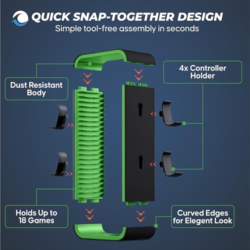 Universal Games Storage Tower Pro - for Up to 18 Games - with Controller Holder for up to 4 Gamepads - Gaming Accessories for PS5, PS4, PS3, Xbox X/S/One, Switch 1 + 2, Switch OLED, BluRay, - color: Green/Black