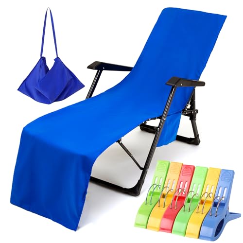 VOCOOL Chaise Lounge Cover Pool Chair Cover Soft and Quick Dry | Beach Chair Towel Cover with Pocket, for Sun Lounger Pool Sunbathing Garden Beach Hotel Outdoor, No Slide, Blue, 85" x 30" - color: Blue
