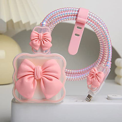 Compatible with iPhone 18W/20W USB-C Charger Cover Cute 3D Bow Tie Design Clear Soft Charger Protector Kawaii Cable Saver for iPhone 11 12 13 14 Pro Max Fast Power Adapter, Pink 2 (5in1) - color: Pink 2 (5 in 1)