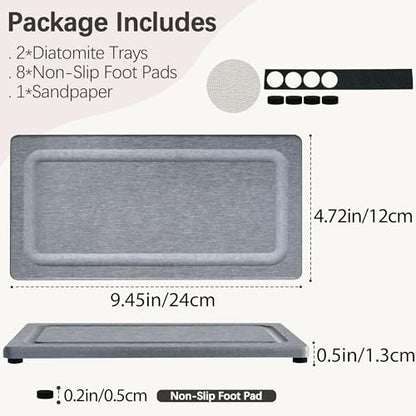 2 PCS Water Absorbing Stone Trays for Bathroom Sink & Kitchen Counter, Fast-Drying Diatomite Sink Coasters, Vanity Tray, Hand Soap Holder with Anti-Skid Pads (9.5" x 4.7" Gray) - color: 9.45" X 4.72" Grey