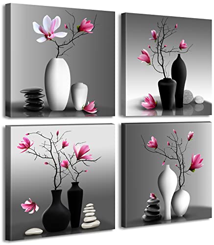 DJSYLIFE Zen Pink Magnolia Flower Canvas Wall Art, 12x12 | Set of 4, Framed, Pink Magnolia Flowers in Black and White Vases, Ideal for Bathroom, Bedroom Decor - color: Flowers-1