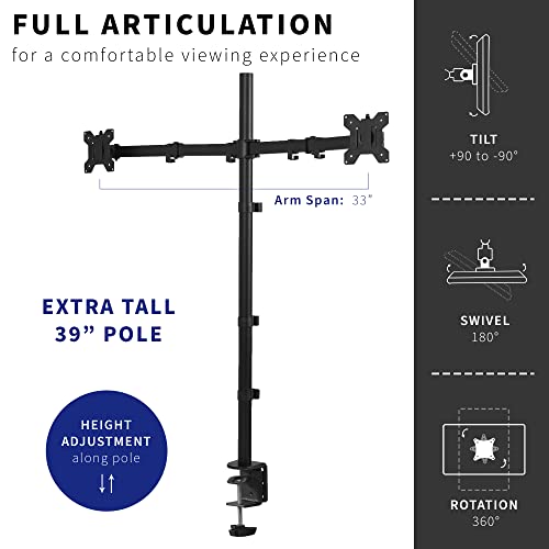 VIVO Dual Monitor Stand Up Desk Mount Extra Tall 39 inch Pole, Fully Adjustable Stand for up to 32 inch Screens, Black, STAND-V032T - size: 13" - 32" screens