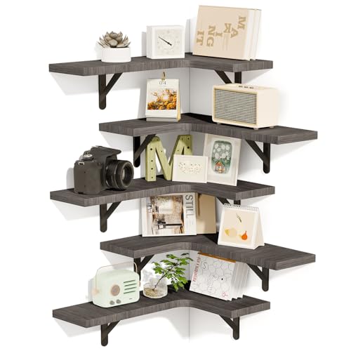 Fixwal Floating Shelves for Wall Set of 5, Rustic Wood Wall Mounted Corner Shelf for Bathroom, Kitchen, Bedroom, Home Decor, Laundry Room, Living Room (Weathered Grey) - color: 7-weathered Gray