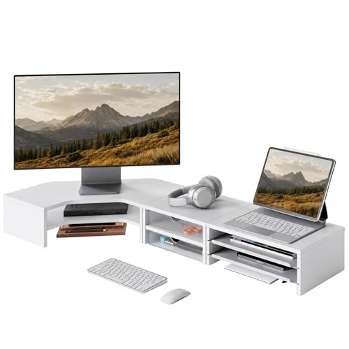 Fenge Dual Monitor Stand, Corner Monitor shelf with Drawer and Slide-Out Tray, 2 Tier Triangle Monitor Riser with Storage, Desk Shelf Organizer for Desk, Home Office, Computer, Laptop, Printer - color: White