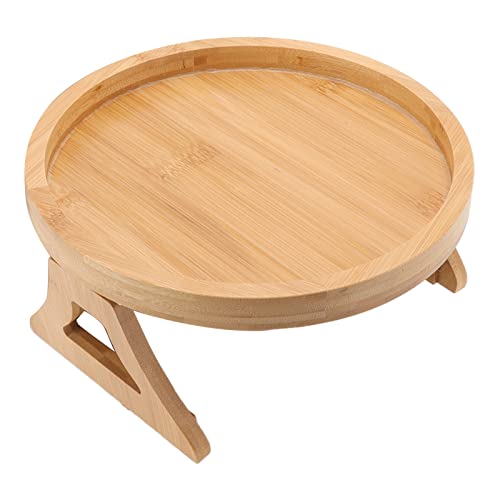 Tissting Wood Round Sofa Tray 9.65in x 4.72in - Clip on Side Table with Foldable Leg for Coffee, Tea, Snacks, Remote Controls, Living Room, Apartment, Dorm
