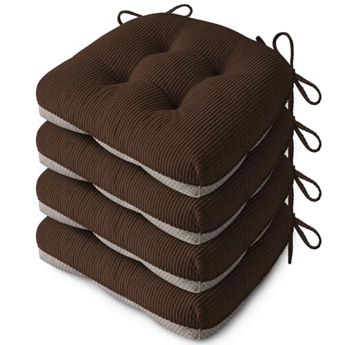 Indoor Kitchen Chair Cushions Set of 4 18"X16.5"X3" Soft Anti Slip Dining Chair Pads Tufted Kitchen Seat Cushion with Ties, Brown - color: Brown