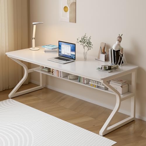 OSCHF Extra Long Desk with Bookshelf - 63" Double Long Writing Table for 2-Person Workstation, Modern Study Work Computer Desk for Home and Office, Warm White - color: Warm White, size: 63x23.6 inch