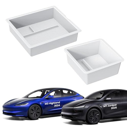 BANKKY 2PCS Center Console Organizer for Tesla Model 3 Highland 2024-2026 & Model Y Juniper 2025-2026, White Armrest Storage Tray with Anti-Slip Liner, ABS Tesla Accessories - size: 2PCS (24-26) Model3 White