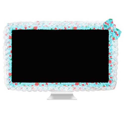 24-inch Cute Lace Fabric Monitor Cover with Elastic Pen Pocket & Bow-knot Design, Dust Protector for Computer/TV/LCD Screens - Blue - color: Blue & Cherry Strawberry