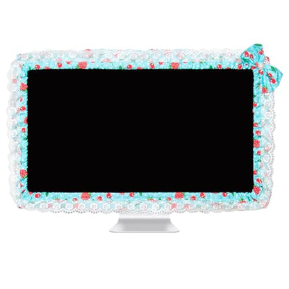 24-inch Cute Lace Fabric Monitor Cover with Elastic Pen Pocket & Bow-knot Design, Dust Protector for Computer/TV/LCD Screens - Blue - color: Blue & Cherry Strawberry