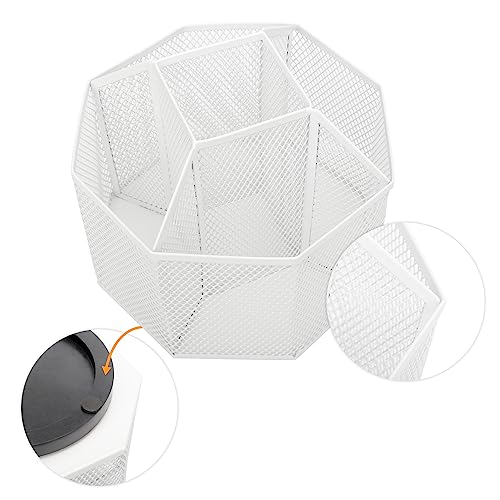 Annova Mesh Desk Organizer Rotate with 5 Compartments Spinning Tidy Candy/Pen Holder Office, Art Supply, Storage, Classroom, Home (White) - color: White