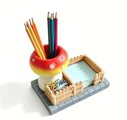 Mushroom Desk Organizer Resin 3 Compartments Pen Holder Cute Office Desk Accessories with Sticky Note Paperclip Holder for Home School Office Decor