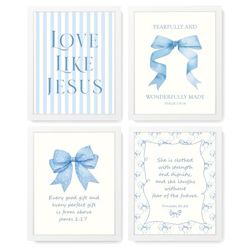 LARTSFRO Coquette Blue Bow Jesus Wall Art Decor Posters, Light Blue Bow Room Bedroom Bathroom Dorm Wall Art Decor Aesthetic for College Teen Girls Gifts, Inspirational Bible Verses Bow Wall Decor, 10x8 Inch Set of 4 Bow Pictures (WHITE FRAMED) - color: Wh