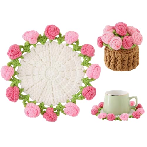 Flower Crochet Coasters, Handmade Bouquet Blanket Coaster with Crochet Plant Pot Fun Soft Decorative Drink Coasters for Coffee Tabletop Protection and Home Decor (Cherry Blossom Pink, 1Pc) - color: Cherry Blossom Pink, size: 1Pc