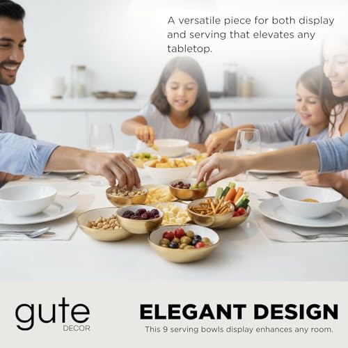 Cluster of 9 Serving Bowls, One-Piece Set, Gold White Brass Multi-Bowl Display Tray for Snacks Nuts Chips Appetizers, Modern Home Entertaining Centerpiece Dining Parties Housewarming Wedding Gifts 11" - color: Enamel White and Gold 9 Cluster 11"