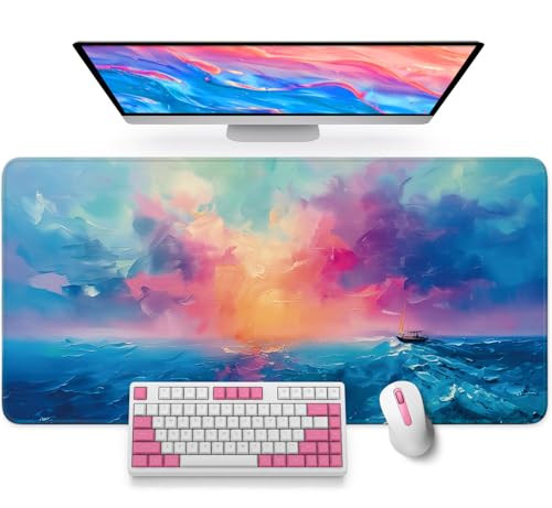 Large Mouse Pad for Desktop, Cute Desk Mat Pad Protector for Work & Gaming, Aesthetic Pretty Anti-Slip Laptop Blotter Cover for Office School Home Supplies, Sunset, 31.5" x 11.8" - color: J-Sunset, size: 31.5L x 11.8W inches