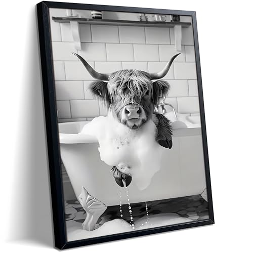 Highland Cow Bathroom Wall Art, Cute Black and White Animal Wall Decor Painting, Highland Cow in Bathtub Farmhouse Canvas Print Picture, Funny Bathroom Restroom Decor 12x16 Inch Wood Framed - color: Black and White Animation-B, size: 16"L x 12"W