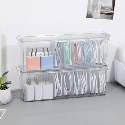2 Pack Cord Organizer Box for Desk Drawer, Clear Phone Charger Cable Storage Container with Lid