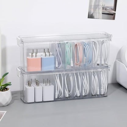 2 Pack Cord Organizer Box for Desk Drawer, Clear Phone Charger Cable Storage Container with Lid