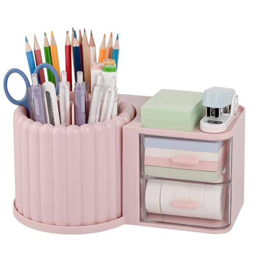 Anyoifax 360° Rotating Pen Holder 7 Slots Desk Organizer with Drawer Removable Pencil Cup Plastic Art Supplies and Accessories Desktop Storage Box Caddy for Office, School, Home (Pink) - color: Pink, size: Large