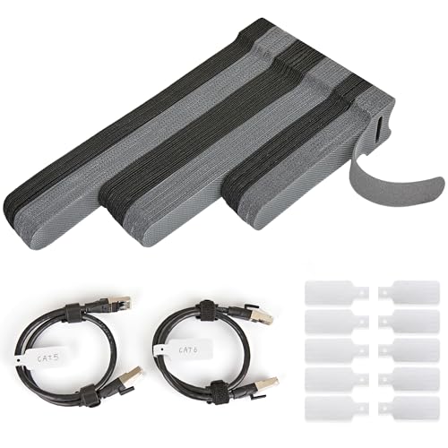 70 PCS Reusable Cable Ties with Hook and Loop, Multi-purpose Adjustable Cable Management Wire Ties & 10 PCS Cable Labels, Cord Organizer for Home, Office and Data Centers (Black+Grey) - color: 4/6/8 Inch 70 Pcs&10 Labels-bg