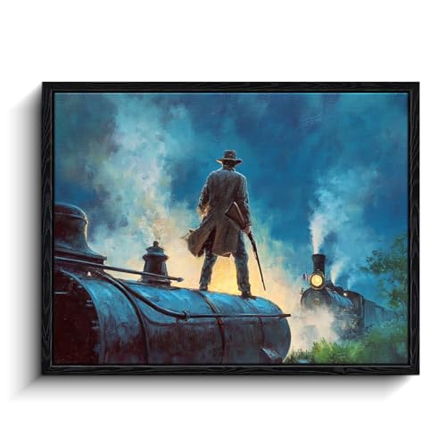 WOXZQ Western Cowboy Train Heist Wall Art Western Game Matte Framed Canvas Poster Print Matte Finish Framed Poster Print Southwestern Wall Decor for gaming room Red Dead Redemption Merch 12x16 inch - color: The Train Heist