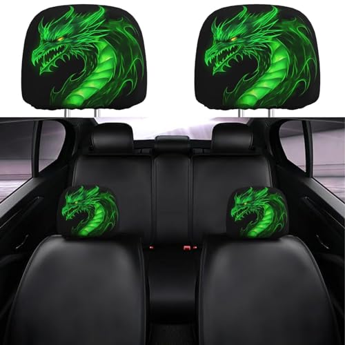 Dujiea 2 Pack Dragon Green Fire Car Headrest Covers, Universal Soft Car Seat Head Rest Protector, Vehicle Accessories Fabric Headrest Cover for Cars Vans Trucks - color: Dragon Green Fire