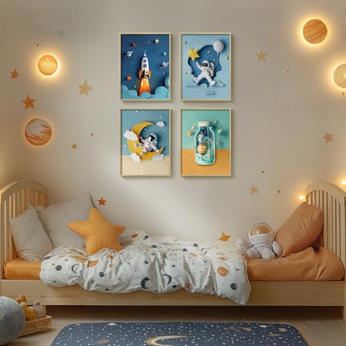 Framed Space Nursery Wall Art Set of 4, Modern Outer Space Themed Canvas Prints for Boys Bedroom, Cool Astronaut Rocket Pictures for Kids Baby Boy Room Bathroom Classroom Wall Decor, 11x14 Inch - color: 4 Pieces-Astronaut, size: 11"W x 14"H x 4Pcs