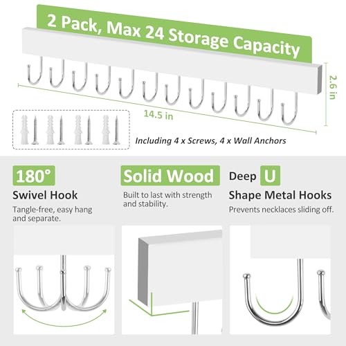 Jewelry Organizer Wall Mounted 2 Pack, Wooden Necklace Holder Wall Hanger with 24 Hooks for Hanging Necklaces and Jewelry Storage, White - color: White