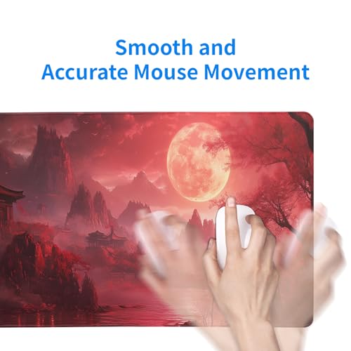 Red Landscape Mouse Pad 31.5x11.8 Inch Red Full Desk Japanese Mousepad Extended Large Non-Slip Rubber Base Waterproof Big Keyboard Mat with Stitched Edges for Gaming and Office - color: Red Landscape
